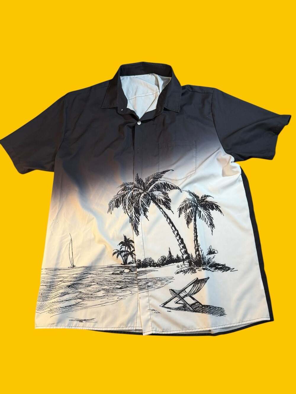 Men's Black and White Hawaiian Shirt Palm Tree Print Short Sleeve Button Down
